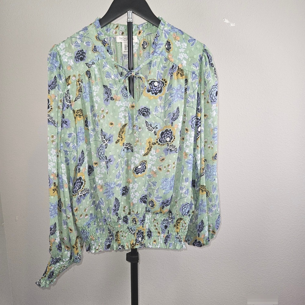 Rachel Zoe Blouse Womens Large Green Floral Tie Neck Smocked Waist Boho Romantic